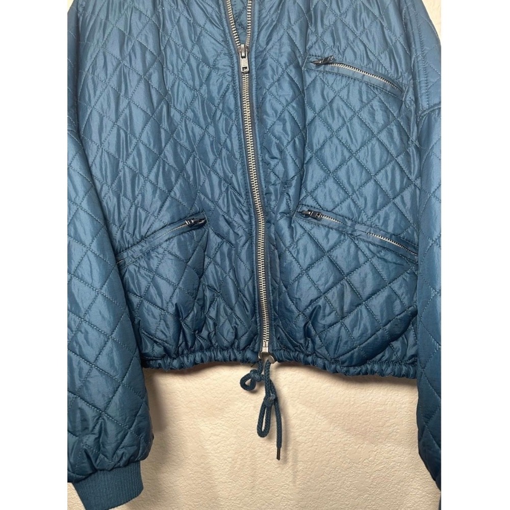 Free People Quilted Bomber Jacket Teal Blue Zip Up Cropped Drawstring XS - Picture 8 of 9